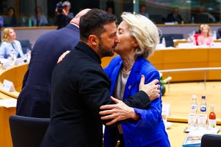 European Commission president Ursula von der Leyen greets Ukraine's president Volodymyr Zelensky at an EU summit in Brussels on Thursday